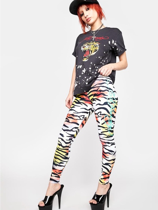 Ed Hardy Pants - Ed Hardy-Dolls Kill Neon Zebra Stripe Leggings - Black & Multicolor